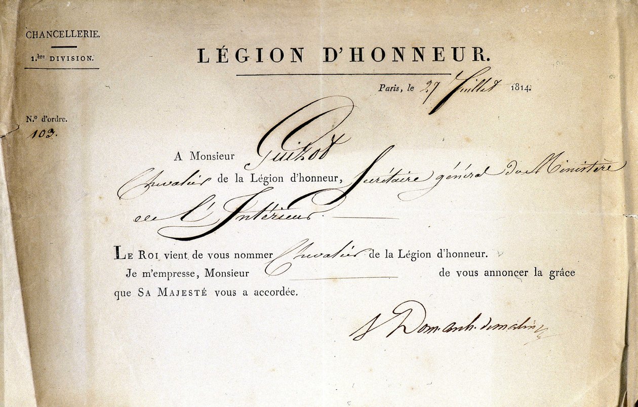 A Becsületlégió átadási oklevele Guizotnak, a Belügyminisztérium főtitkárának, 1814.07.21. alkotó: Anonymous Anonymous