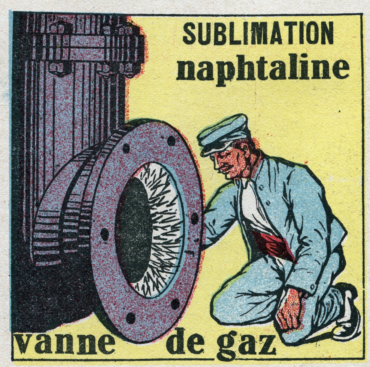 Állapotváltozások: szublimáció. Naftalin raktár eltömíti a gázszelepet. Névtelen illusztráció 1925-ből. Magángyűjtemény. alkotó: Anonymous Anonymous