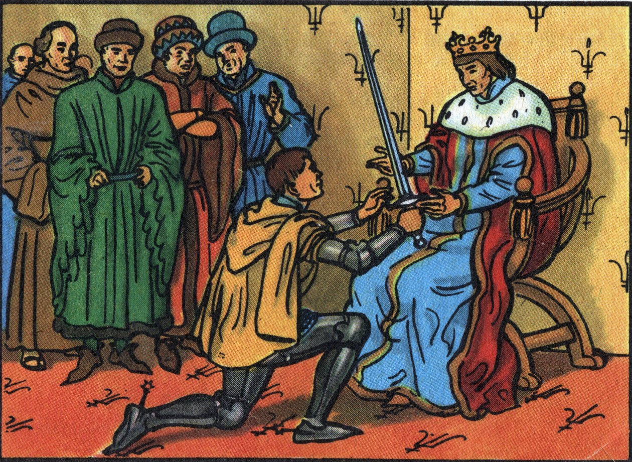 V. Károly A bölcs (1338-1380) ünnepélyesen átadja a rendőr kardját Bertrand du Guesclinnek (1320-1380). Névtelen illusztráció a „Franciaország uralkodóinak és államfőinek gyűjteményében”. 20. század. Magángyűjtemény. alkotó: Anonymous Anonymous