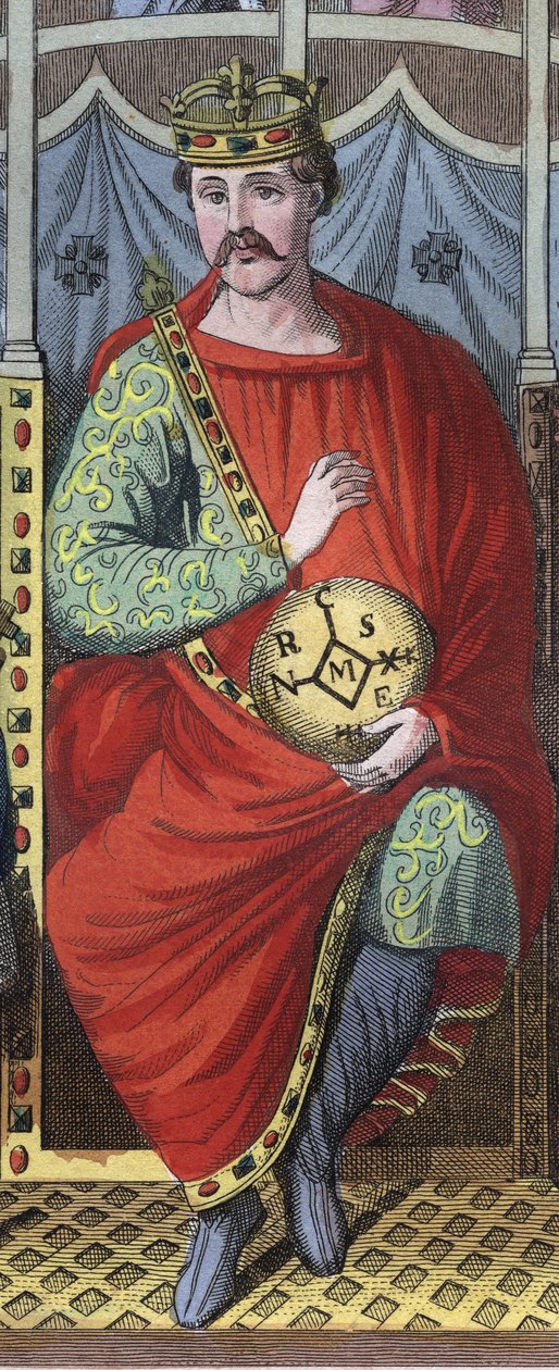Kopasz Károly, Nyugat-Franciaország királya, Olaszország és Szent-római császár, 823 – II. Kopasz Károly (823–877), francia király portréja, metszet a „Szokások és szokások a Világegyetem összes népének” könyvéből. Ez a kormány, a törvények és a milíciák t alkotó: Anonymous Anonymous