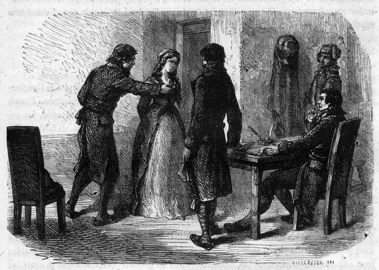 Charlotte Corday (1768-1793), Francois Chabot (1756-1794) feltárása – Alphonse de Lamartine (1790-1869) 1865-1866. „Histoire des Girondins” című metszete. Magángyűjtemény alkotó: Anonymous Anonymous