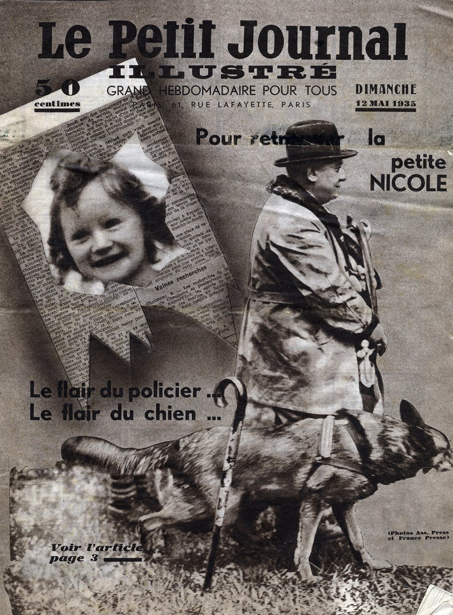 Chaumont ügyei: rendőrkutyák edzenek, hogy megtalálják az eltűnt gyerekek (itt Nicole lány) és banditák nyomát. A "" Le petit Journal illustrious"" címlapja, 1935. 12. 05. Gyűjteményi díj alkotó: Anonymous Anonymous