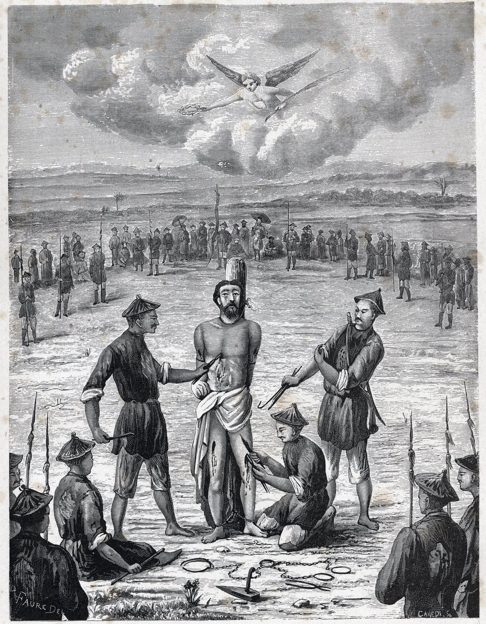 Keresztényüldözés: Joseph Marchand francia misszionárius pap 1835. november 30-án Cochinchinában szenvedte el a „száz seb kínját”. Louis-Eugene (Louis Eugene) Louvet „Les Missions Catholiques au XIXeme Siecle” című metszetébe. magántárs alkotó: Anonymous Anonymous