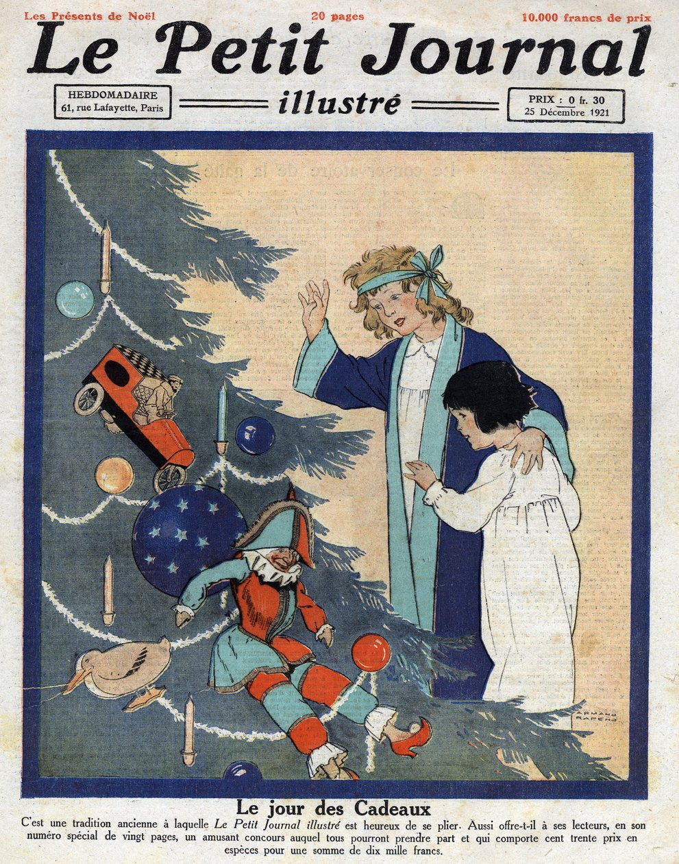 Karácsonyi mulatság: a gyerekek ajándékokat fedeznek fel a karácsonyfa tövében. Az 1921.12.25-i „” Le petit Journal” című gyűjteményi illusztráció. alkotó: Anonymous Anonymous