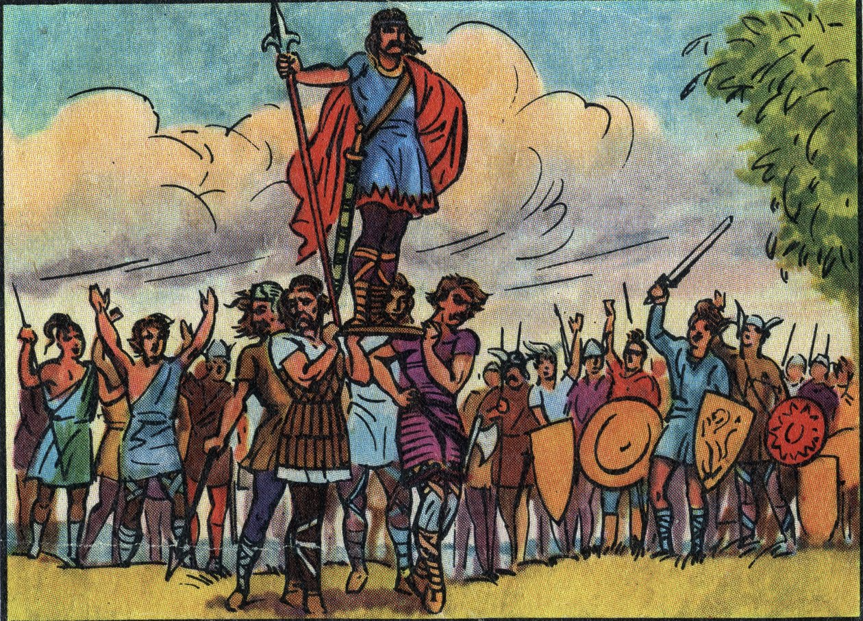 Clovis (a frankok királya 481-től 511-ig) a szaliánusok választották királlyá, akik a sáncon (pajzson) vitték, miközben körbejárta a tábort. Névtelen illusztráció a „Collection des souverains et chefs d