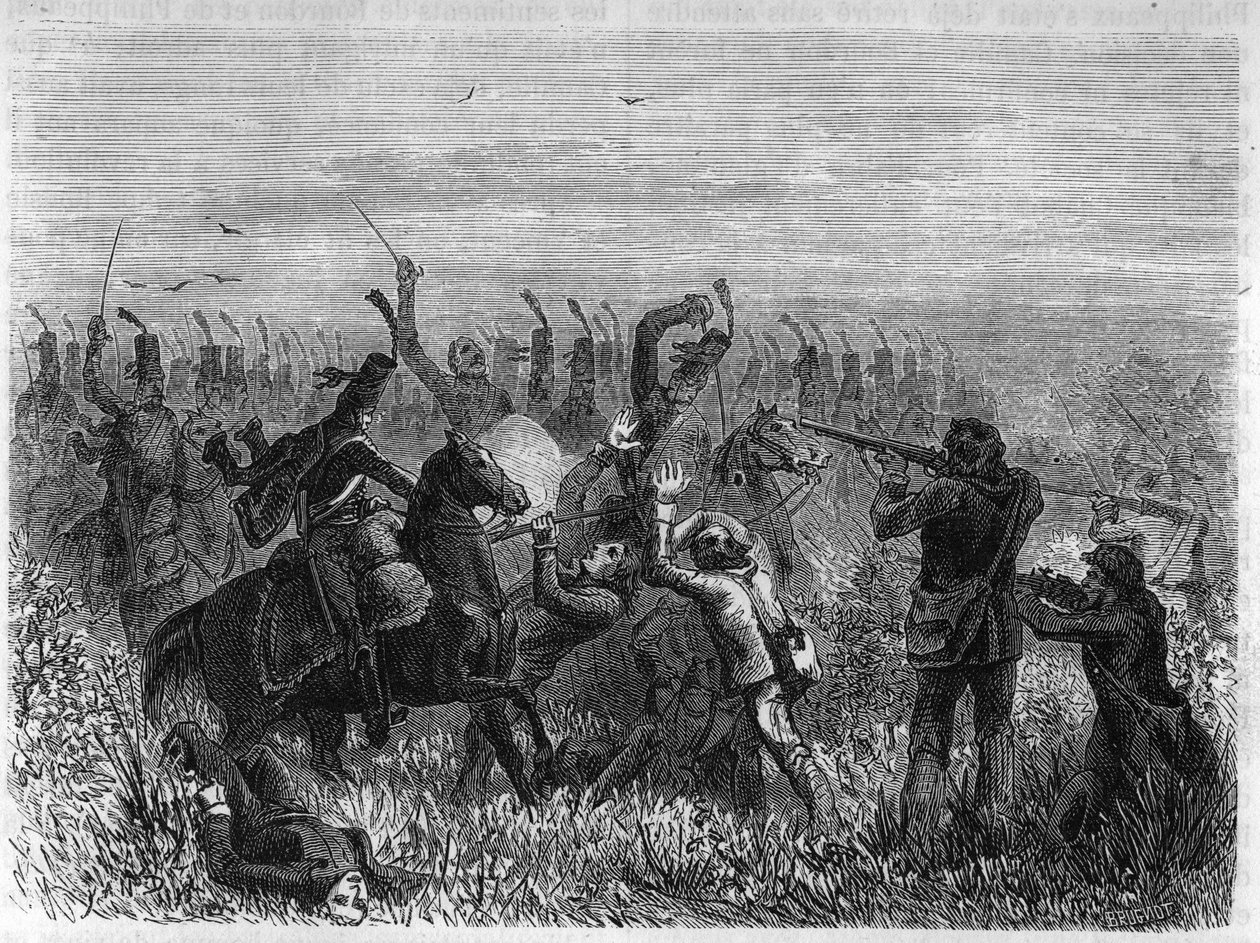 A vendeenek teljes megsemmisítése: Savenay-i csata 1793 decemberében. Adolphe Thiers „Histoire de la Revolution francaise” című metszete 1866-ból. Magángyűjtemény. alkotó: Anonymous Anonymous