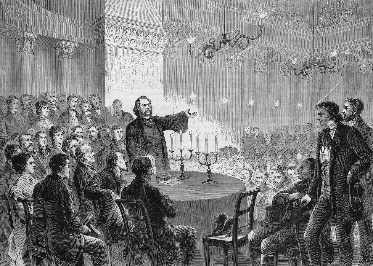 Johannes (Jean) Ronge reformátor (1813-1887) konferenciája Bécsben 1868-ban. Megalapította az Egyetemes Keresztény Egyházat. metszet 1868. Magángyűjtemény. alkotó: Anonymous Anonymous