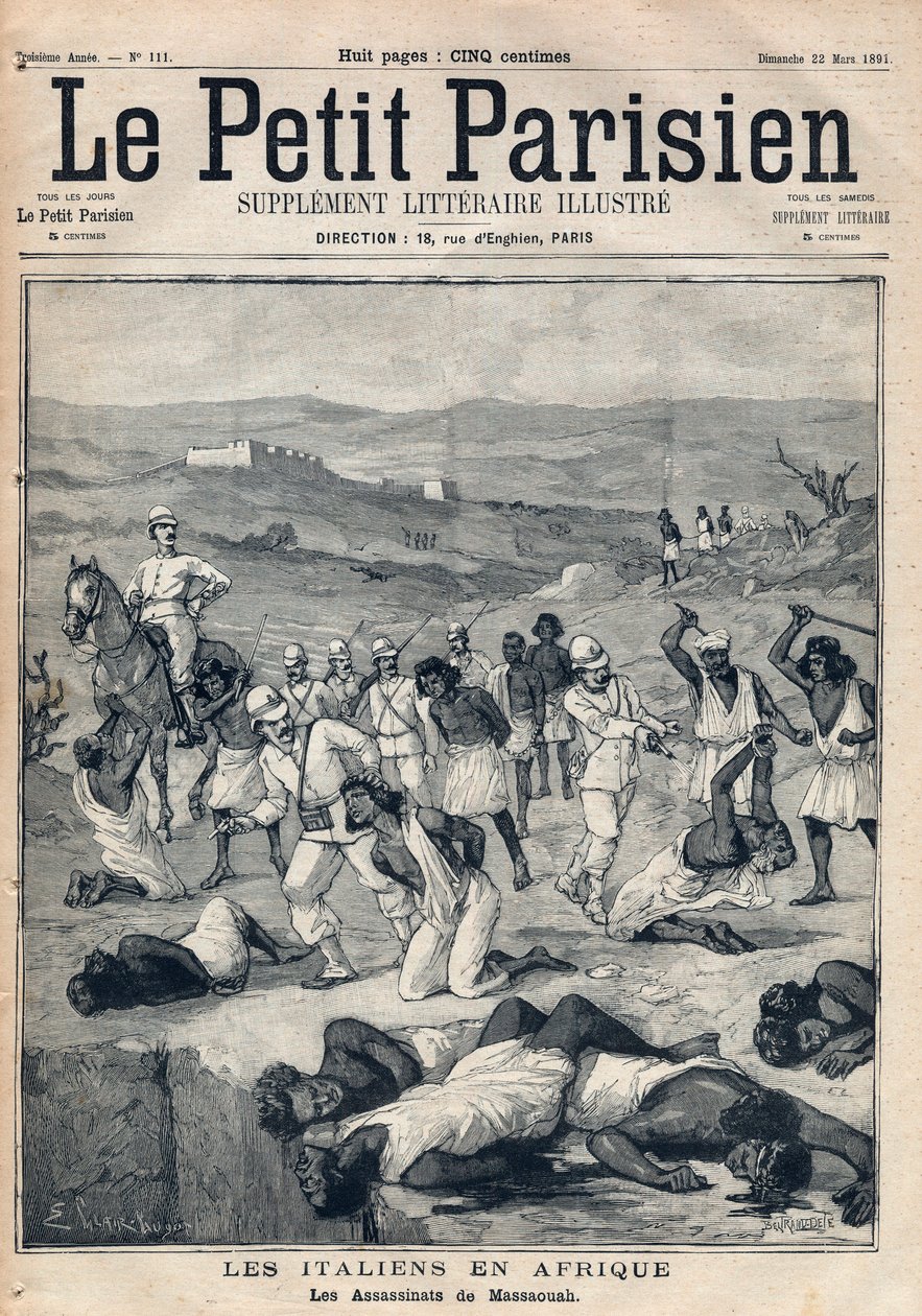 Hódítsa meg az Erythree-t Olaszország által. Massaouah (Erythree) gyilkosságai. 1891. március 22-i „” Le petit Parisien”” metszet. Magángyűjtemény. alkotó: Anonymous Anonymous