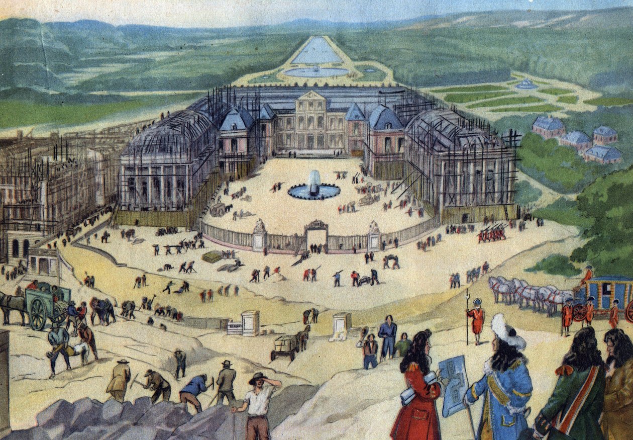 A versailles-i kastély építése 1678-ban Jules Hardouin Mansart tervei alapján az előtérben XIV. Lajos király. alkotó: Anonymous Anonymous