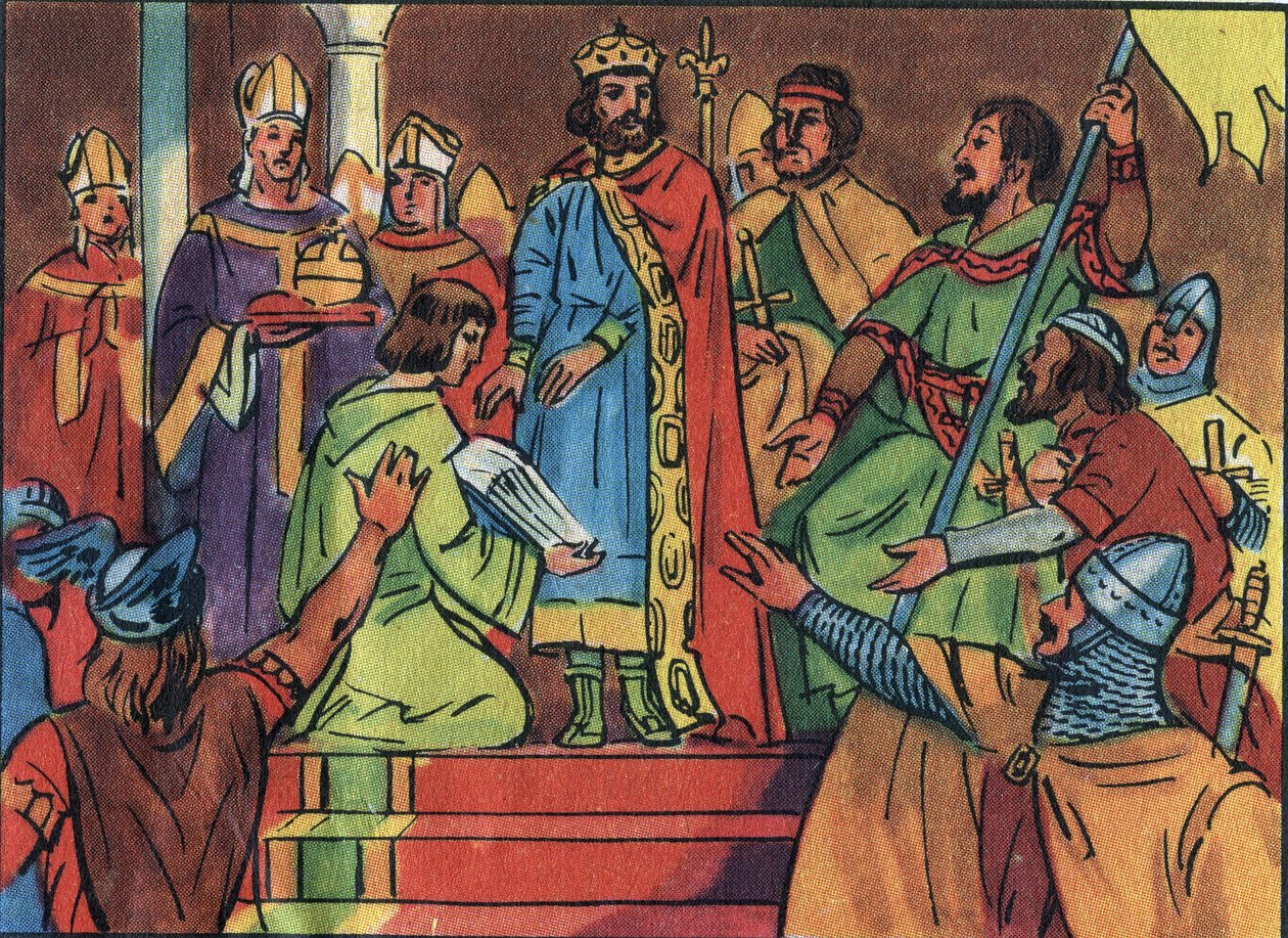 Hugues Capet (941-996) megkoronázása Noyonban 987-ben, Adalberon (kb. 925-990), reimsi archívum. Ezzel a koronázással kezdetét vette a Capetians dinasztia, Franciaország királyai, akik 8 évre visszanyerték közvetve vagy közvetlenül. Névtelen illust alkotó: Anonymous Anonymous