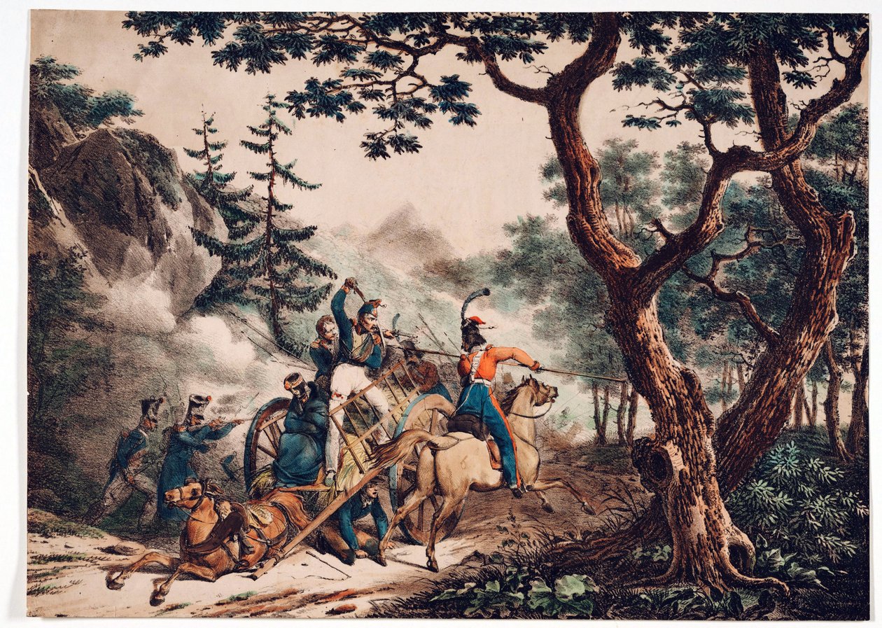 Kozákok francia katonákra támadnak az erdőben - Anonymous - 1825 - Színes litográfia - 52x72 - Magángyűjtemény alkotó: Anonymous Anonymous