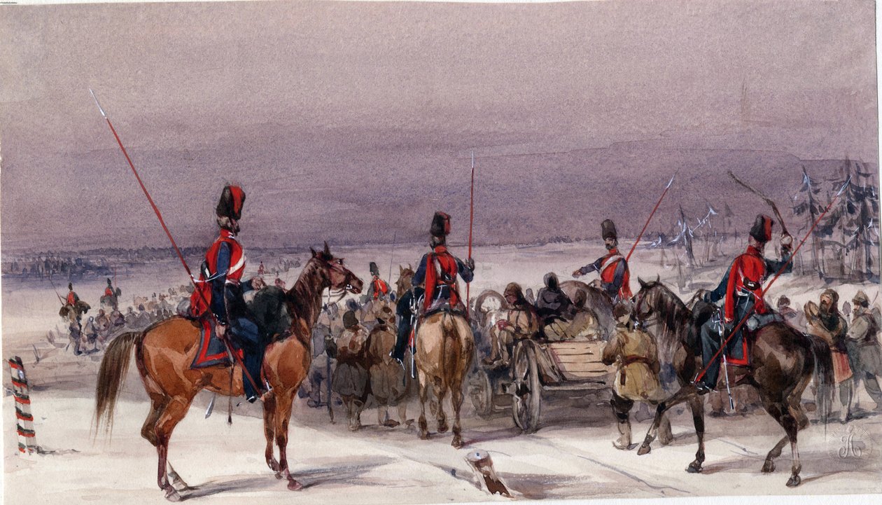 Deportáltakat konvojáló kozákok - Anonymous - 1831 - Akvarell papíron - 13,9x24,3 - Magángyűjtemény alkotó: Anonymous Anonymous