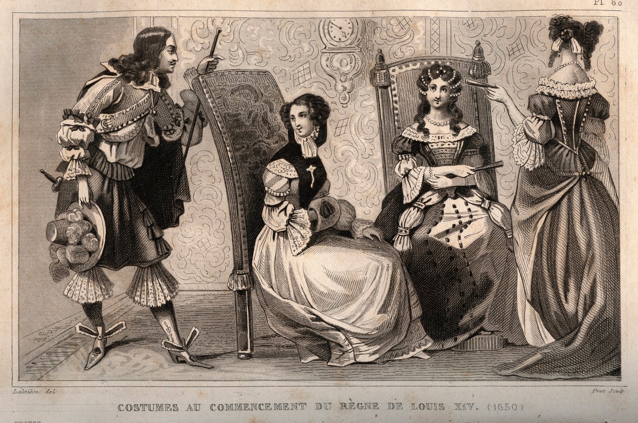 Jelmezek XIV. Lajos uralkodásának kezdetén (1650). Metszet 1859-ből a „” Le Monde-ban. Minden nép története a legtávolabbi időktől napjainkig”. M. E. de Lostalot-Bachoue (Lostalot Bachoue). Magángyűjtemény. alkotó: Anonymous Anonymous