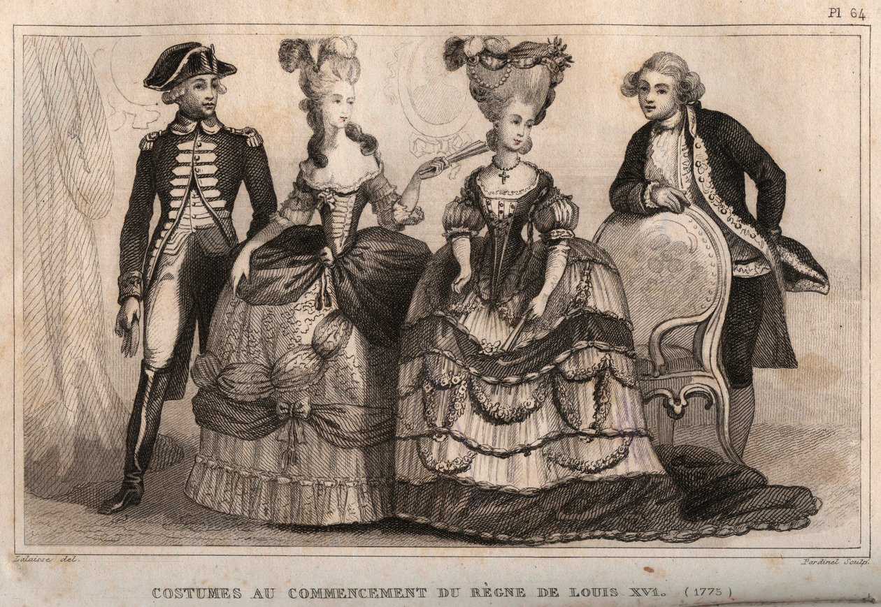 Jelmezek XVI. Lajos uralkodásának kezdetén (1775). Metszet 1859-ből a „” Le Monde-ban. Minden nép története a legtávolabbi időktől napjainkig”. M. E. de Lostalot-Bachoue (Lostalot Bachoue). Magángyűjtemény. alkotó: Anonymous Anonymous