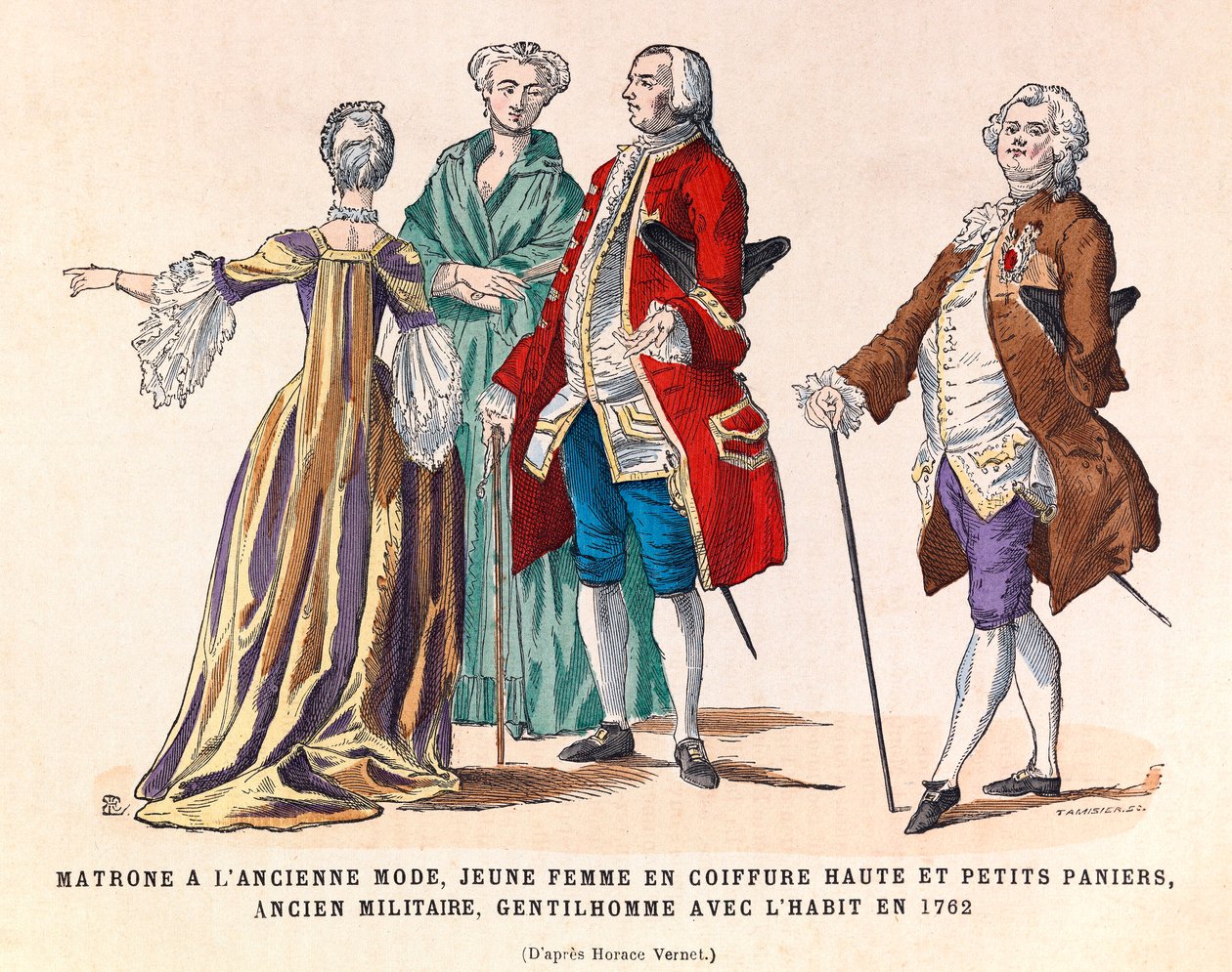 Egy régi divatos matróna, egy fiatal nő magas frizurában, kis kosarasban, egy volt katona és egy öltönyös úriember jelmezei 1762-ben (XV. Lajos király uralkodása) - magángyűjtemény alkotó: Anonymous Anonymous