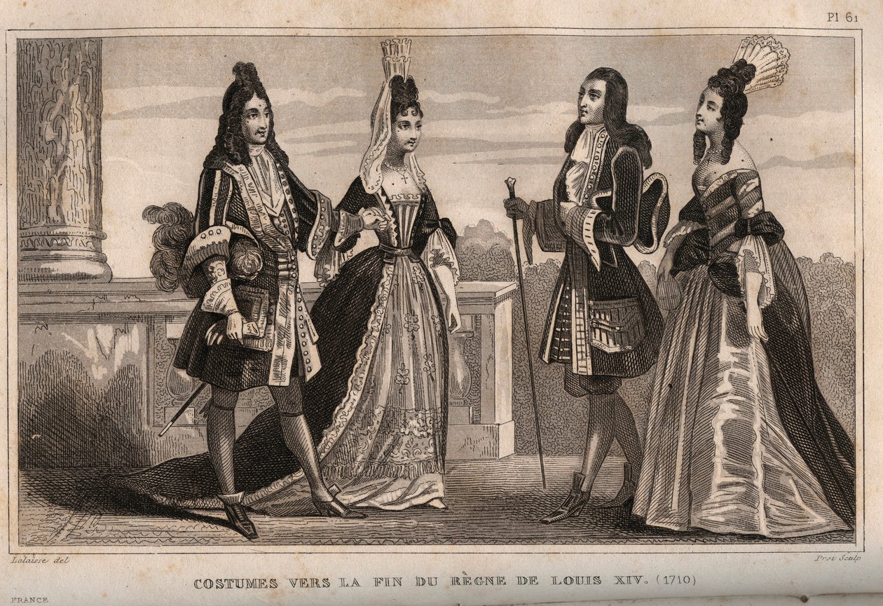 Jelmezek XIV. Lajos király uralkodásának vége felé (1710). Metszet 1859-ből a „” Le Monde-ban. Minden nép története a legtávolabbi időktől napjainkig”. M. E. de Lostalot-Bachoue (Lostalot Bachoue). Magángyűjtemény. alkotó: Anonymous Anonymous