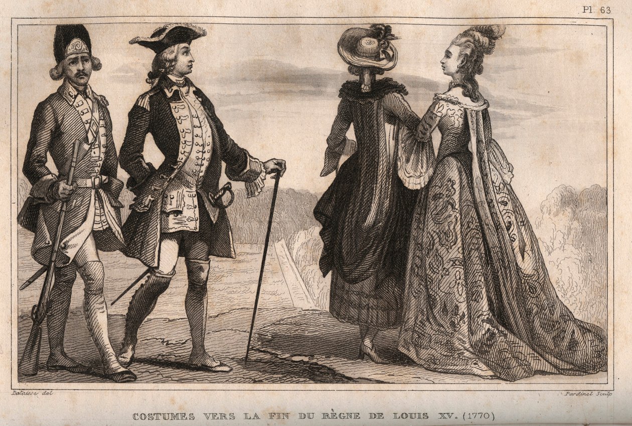 Jelmezek XV. Lajos király uralkodásának vége felé (1770). Metszet 1859-ből a „” Le Monde-ban. Minden nép története a legtávolabbi időktől napjainkig”. M. E. de Lostalot-Bachoue (Lostalot Bachoue). Magángyűjtemény. alkotó: Anonymous Anonymous