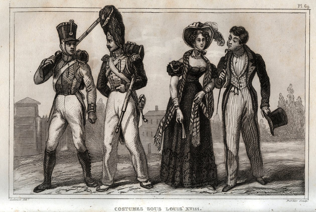 Jelmezek XVIII. Lajos alatt. Metszet 1859-ből a „” Le Monde-ban. Minden nép története a legtávolabbi időktől napjainkig”. M. E. de Lostalot-Bachoue (Lostalot Bachoue). Magángyűjtemény. alkotó: Anonymous Anonymous