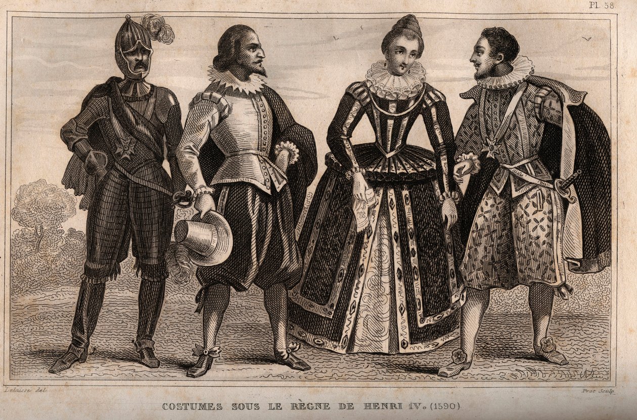 Jelmezek IV. Henrik uralma alatt (1590). Metszet 1859-ből a „” Le Monde-ban. Minden nép története a legtávolabbi időktől napjainkig”. M. E. de Lostalot-Bachoue (Lostalot Bachoue). Magángyűjtemény. alkotó: Anonymous Anonymous
