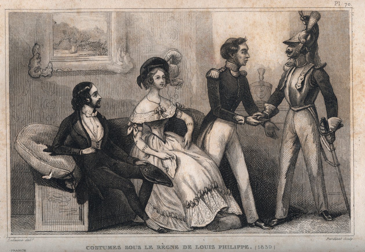 Jelmezek Louis Philippe uralma alatt (1839). Metszet 1859-ből a „” Le Monde-ban. Minden nép története a legtávolabbi időktől napjainkig”. M. E. de Lostalot-Bachoue (Lostalot Bachoue). Magángyűjtemény. alkotó: Anonymous Anonymous