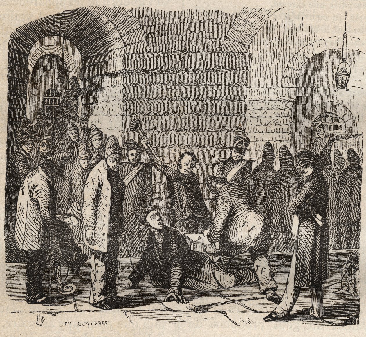 Kapcsolódás a Rochefort bagnénál a 19. században. Pierre Zaccone (1817-1895) (Colonia Penale - Büntetőtelep) metszet az „Elítéltek története a megalkotásuktól napjainkig” című könyvébe (1877). Magángyűjtemény. alkotó: Anonymous Anonymous