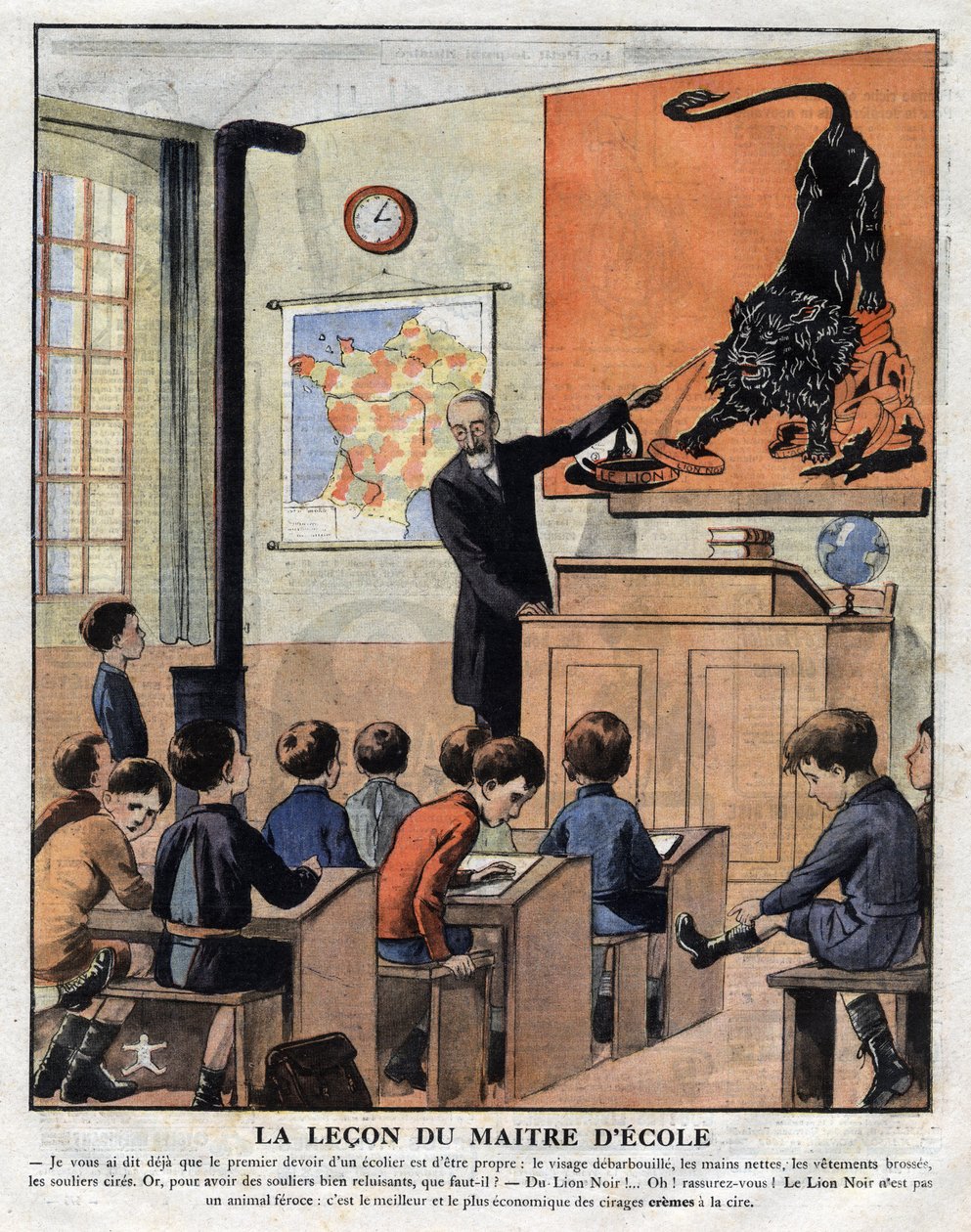Jó modorú kurzusok az iskolában, egy tanár megtanítja az iskola diákjait, hogyan kell fényesítőszerrel csillogni a cipőket. Reklámillusztráció a „” Le petit Journal”” 1925.11.29-i gyűjteményi díjból alkotó: Anonymous Anonymous
