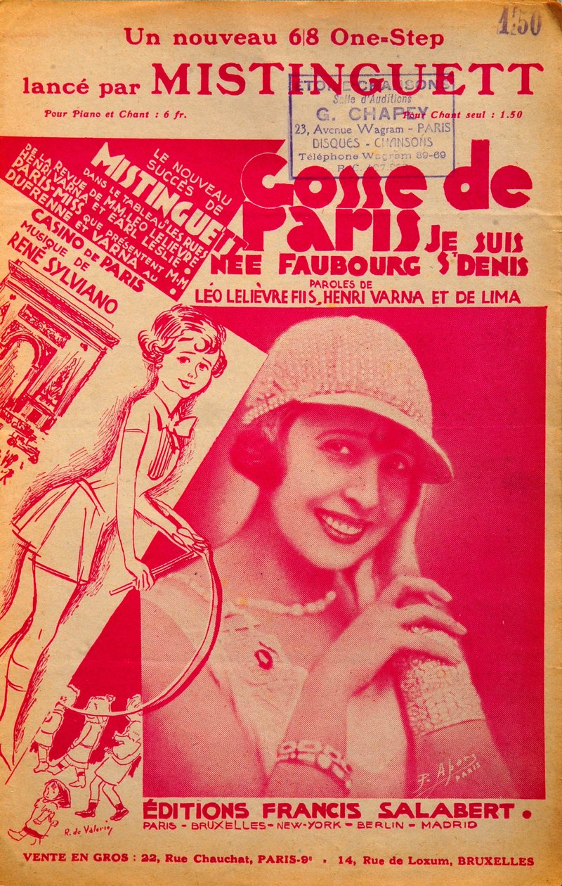 Borító a „Gosse de Paris” című kottához, amelyet Mistinguett (Mistinguette) (1875-1956) francia énekes énekel. alkotó: Anonymous Anonymous