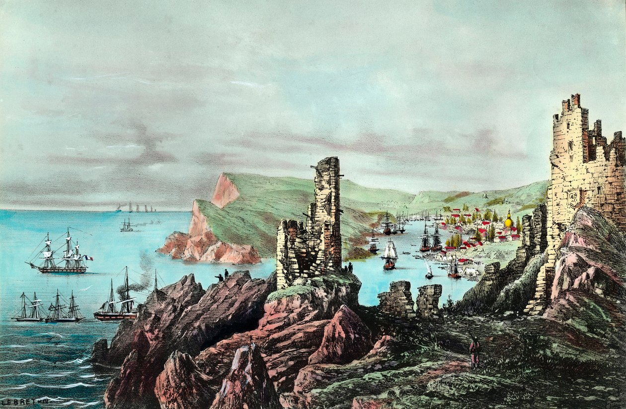 Krími háború: kilátás a krími Balaklava kikötőre. Metszet 1854-1855 körül. Magángyűjtemény alkotó: Anonymous Anonymous