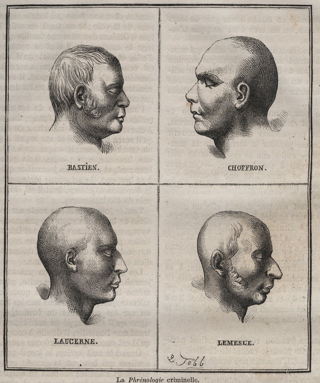 Criminal Phrenology in the Brest Bagne (a különböző típusú bűnözők fiziognómiai jellemzőit ábrázoló portrék). Pierre Zaccone (1817-1895) vésése „Az elítéltek története születésüktől napjainkig” (1877) (Colonia Penale - Penal alkotó: Anonymous Anonymous