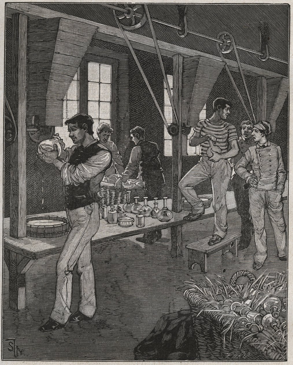 Kristálymetsző műhely Franciaországban a 19. században. Metszet 1885-ből Adolphe BITARD „” Les arts et metiers illustres” című könyvébe. alkotó: Anonymous Anonymous