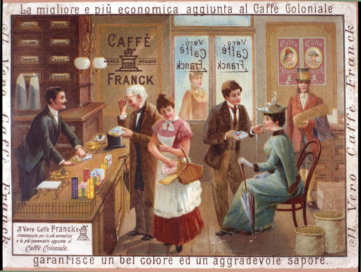 Vásárlók egy kávét árusító élelmiszerboltban. A „Caffe Franck” reklámja. Kromolitográfia, 1900 körül. alkotó: Anonymous Anonymous