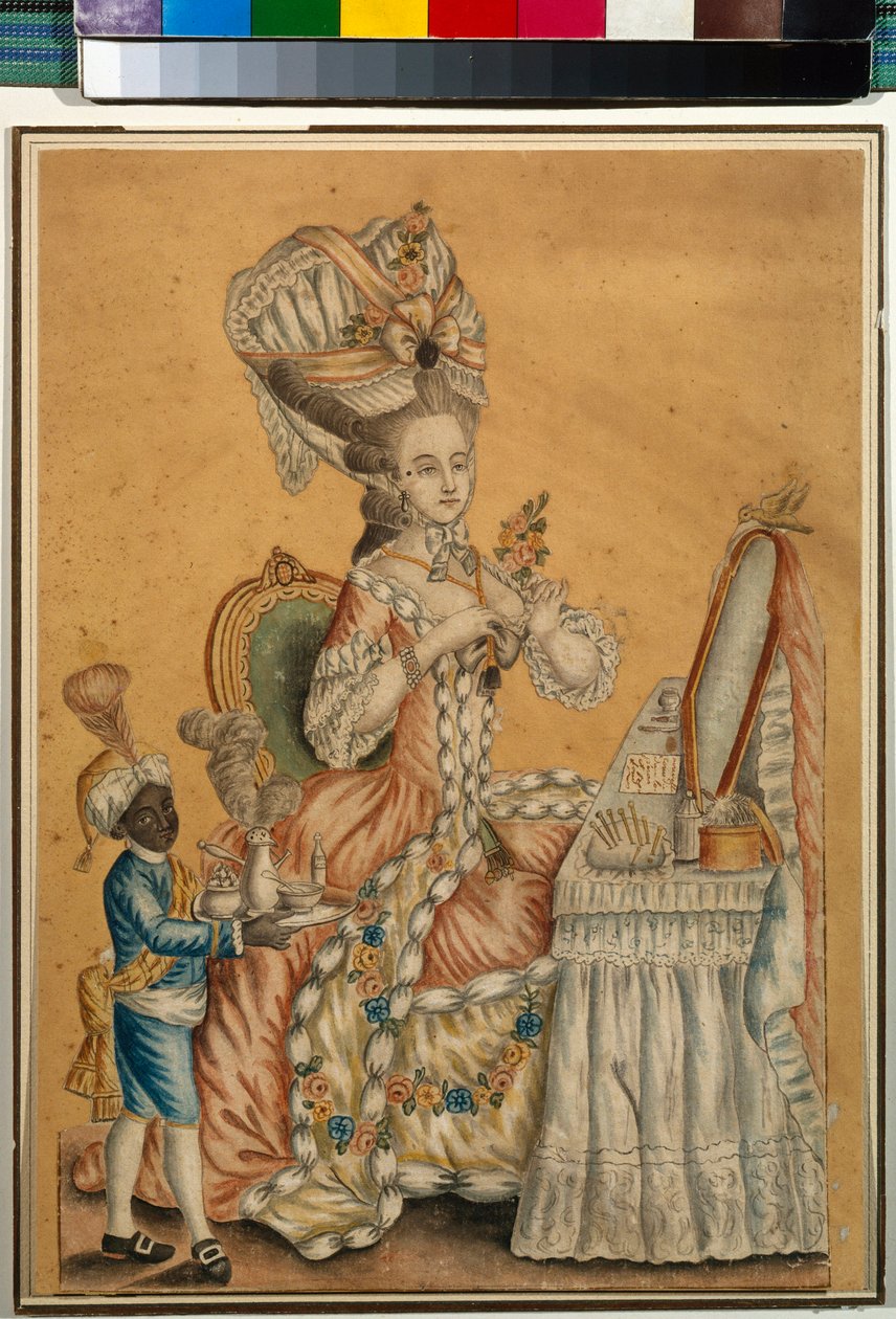 Hölgy a WC-n egy fekete fiúval - Névtelen munka, Akvarell, papír, 1770 körül (29,2 x 21,2 cm) - Állami Tretyakov Galéria, Moszkva alkotó: Anonymous Anonymous
