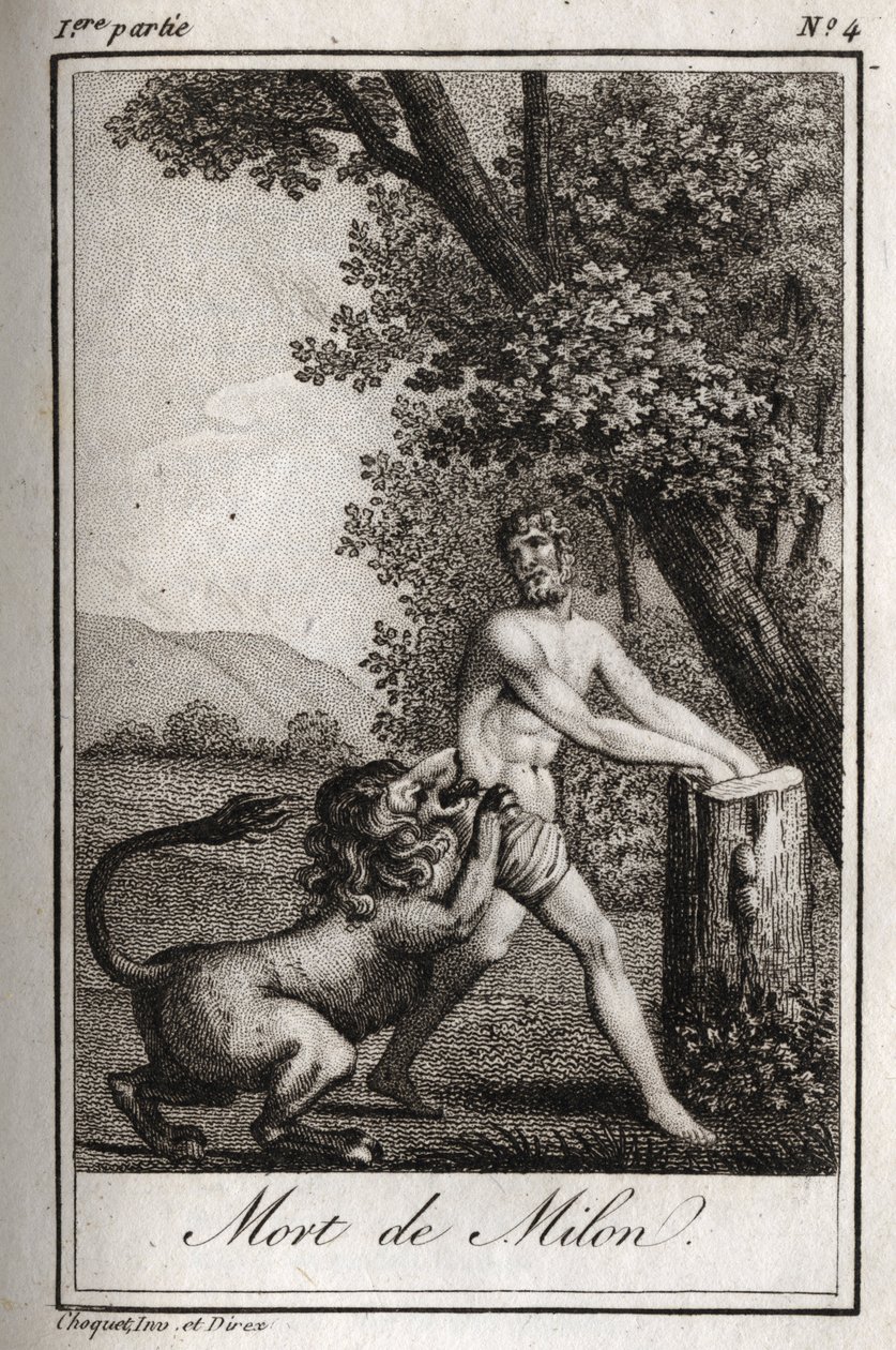 Milon de Crotone (Milo of Croton) halálát egy farkas felfalja. Metszet 1819-ből Charles Albert Demoustier (1760-1801) „Lettres a Emilie sur la mythologie” című művében. Magángyűjtemény. alkotó: Anonymous Anonymous