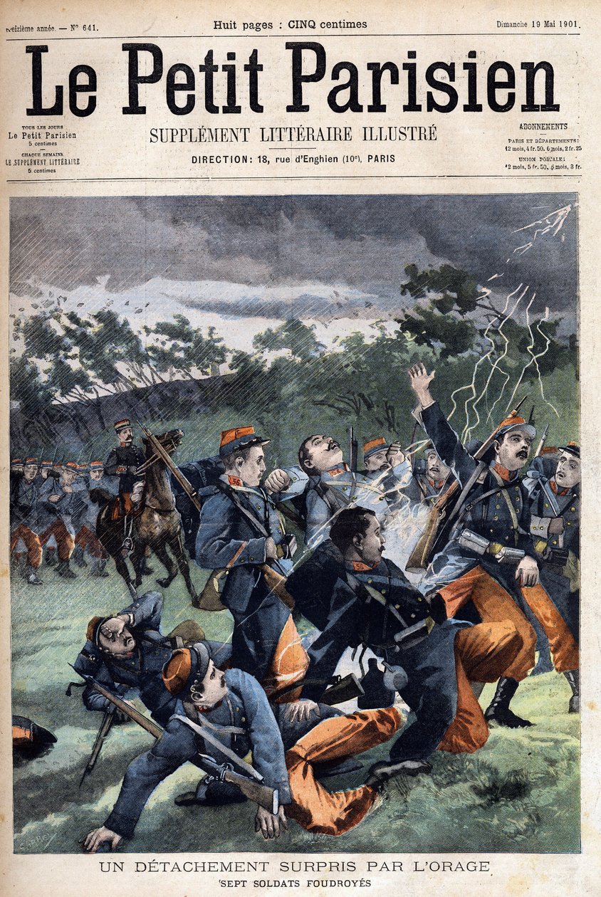 A vihar által meglepett katonák különítménye: hét katonát csapnak le a „Le Petit Parisien”-ben 1901.05.19-én (metszet) alkotó: Anonymous Anonymous