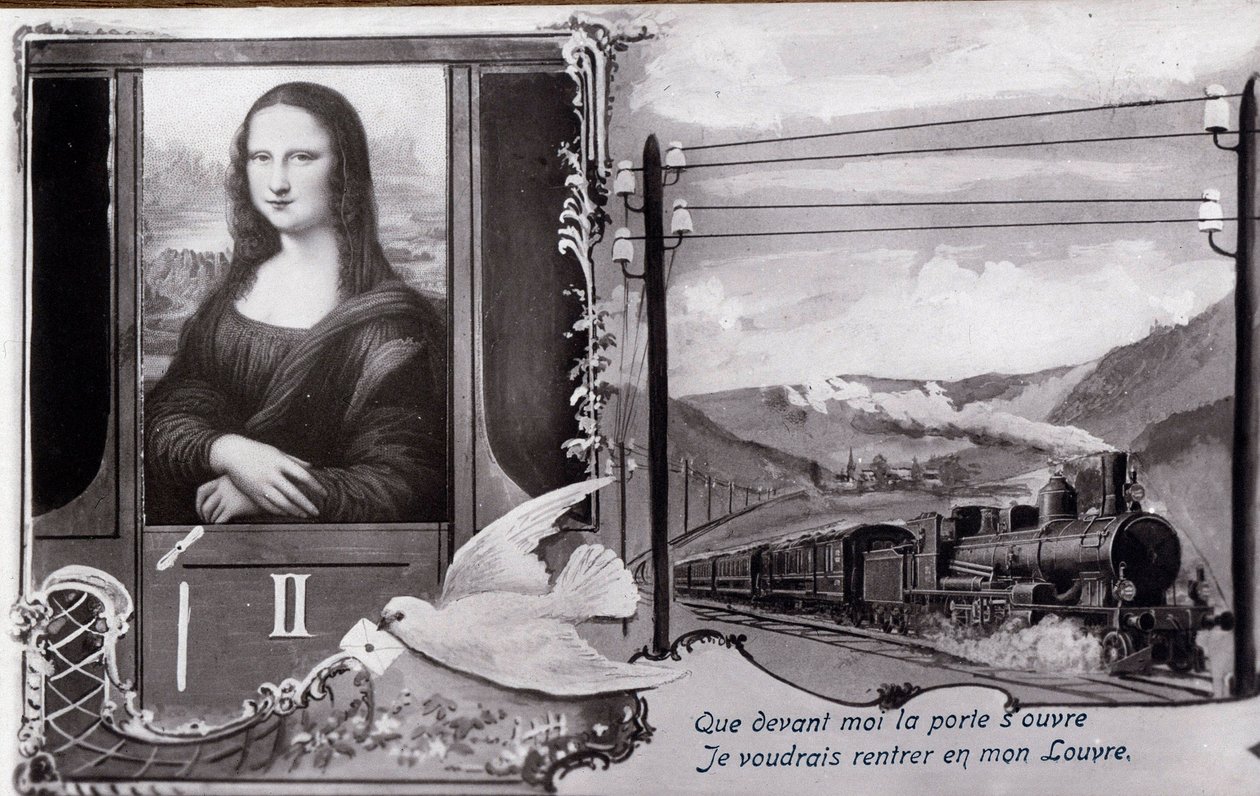 Leonard de Vinci (Leonardo da Vinci) (1452-1519) "A Mona Lisa" (Mona Lisa, Monna Lisa) című festményének Detournee ábrázolása:" A festményt egy vonaton ábrázolják, amely a múzeumát szeretné megtalálni. A mű ellopása idején szerkesztett komédiás képeslapot  alkotó: Anonymous Anonymous