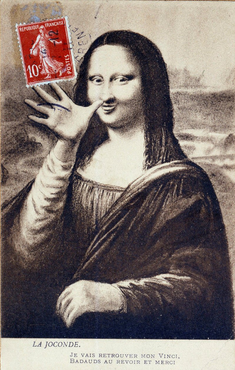 Leonardo da Vinci (Leonardo da Vinci) (1452-1519) „" The Mona Lisa" kitérő ábrázolása: Mona Lisa (Monna Lisa) köszöntése, hogy jelezze távozását, hogy megtalálja "" Vincijét". Vincenzo Per művét ellopták alkotó: Anonymous Anonymous