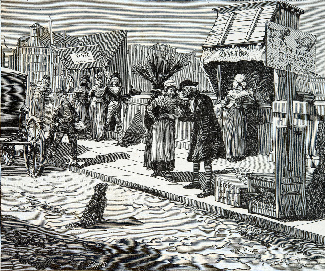 Kutyavágók a párizsi híd kilencesén 1796 körül, Metszet, Magángyűjtemény alkotó: Anonymous Anonymous