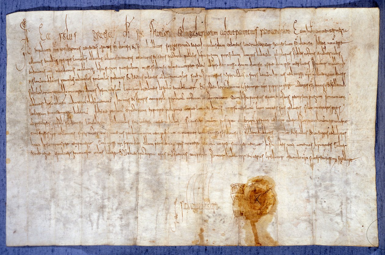 Nagy Károly király (I. Károly, Nagy Károly vagy Carolus Magnus) (742-814) adománya Luzarches és Mussy birtokaiból a Saint Denis apátságnak 775. február 25-én. Párizs, Nemzeti Levéltár alkotó: Anonymous Anonymous