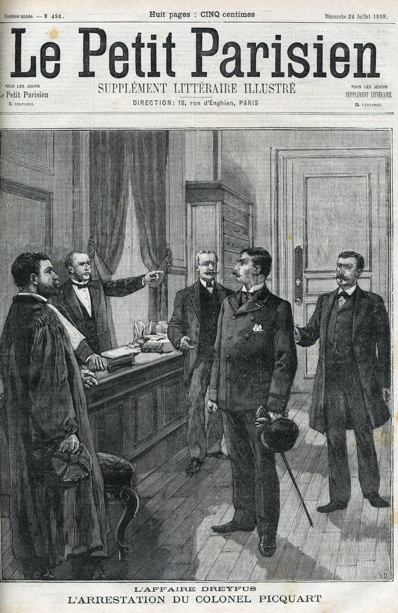 Dreyfus-ügy, 1898-ban, Georges Picquart alezredes (1854-1914) letartóztatása. Az 1898-as „le petit Parisien”-ben. alkotó: Anonymous Anonymous