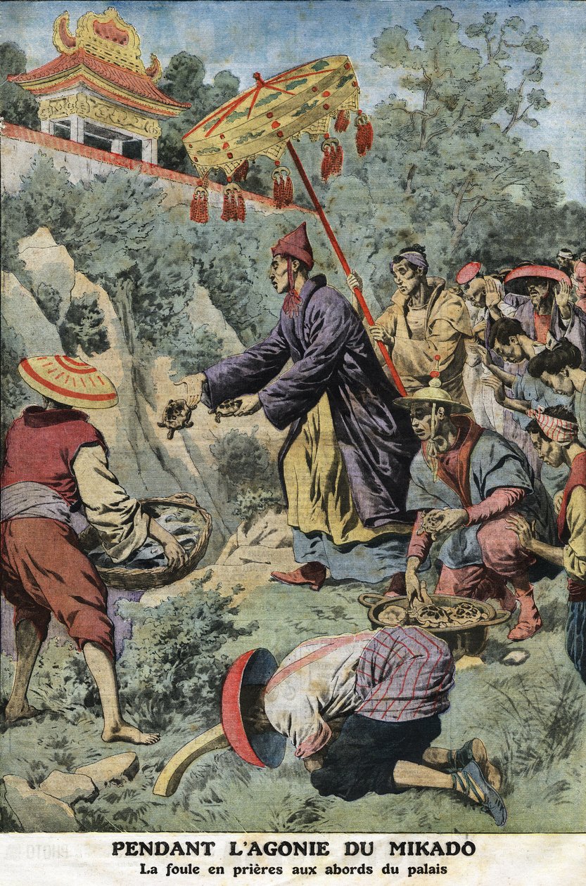 Mikado (Japán császár) gyötrelme idején Meiji (1852-1912): a tömeg imában a palota közelében. Metszet a „” Le petit Journal”-ban, 1912.11.08. Magángyűjtemény. alkotó: Anonymous Anonymous