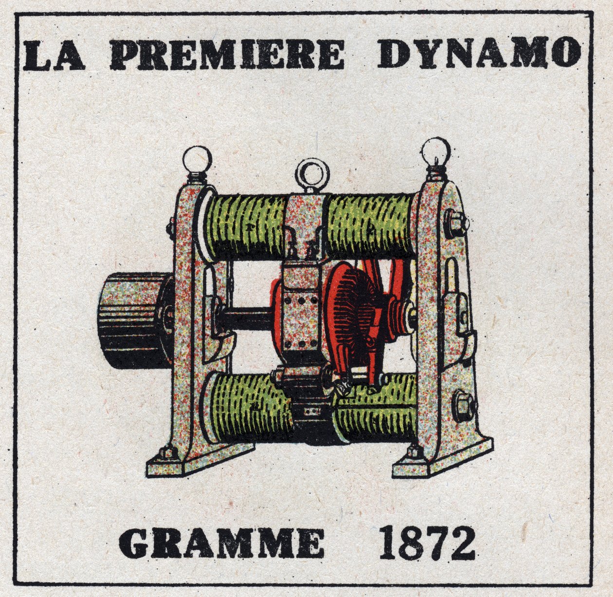 Dynamo: az első dinamó, amelyet Zenobe Theophile Gram (1826-1901) talált fel 1872-ben. Névtelen illusztráció 1925-ből. Magángyűjtemény. alkotó: Anonymous Anonymous