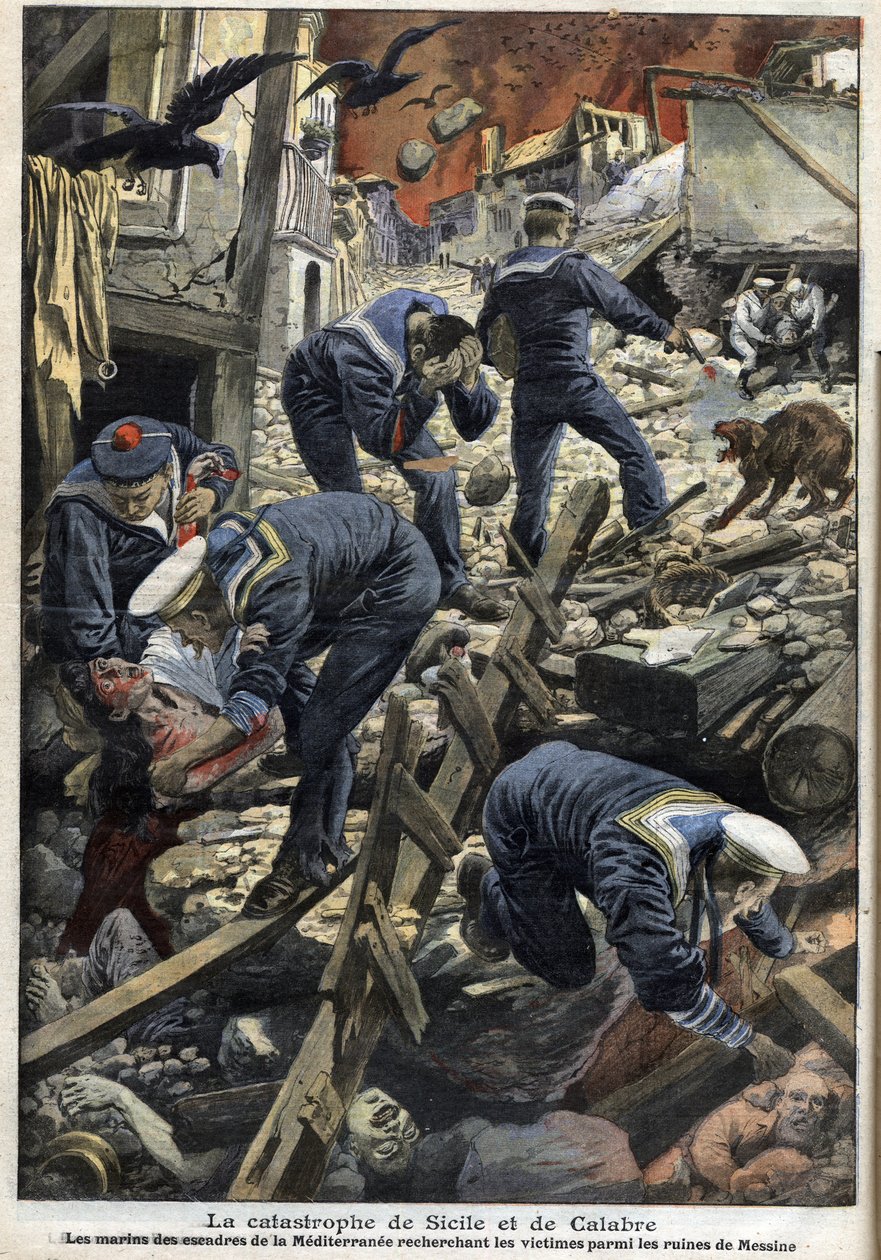 Földrengés Szicíliában, Calabria 1909 - Szicília és Calabria katasztrófája (Földrengés) - A Földközi-tenger tengerészei áldozatokat keresnek Messina romjai között - "" The Little Journal"" 1909. január alkotó: Anonymous Anonymous