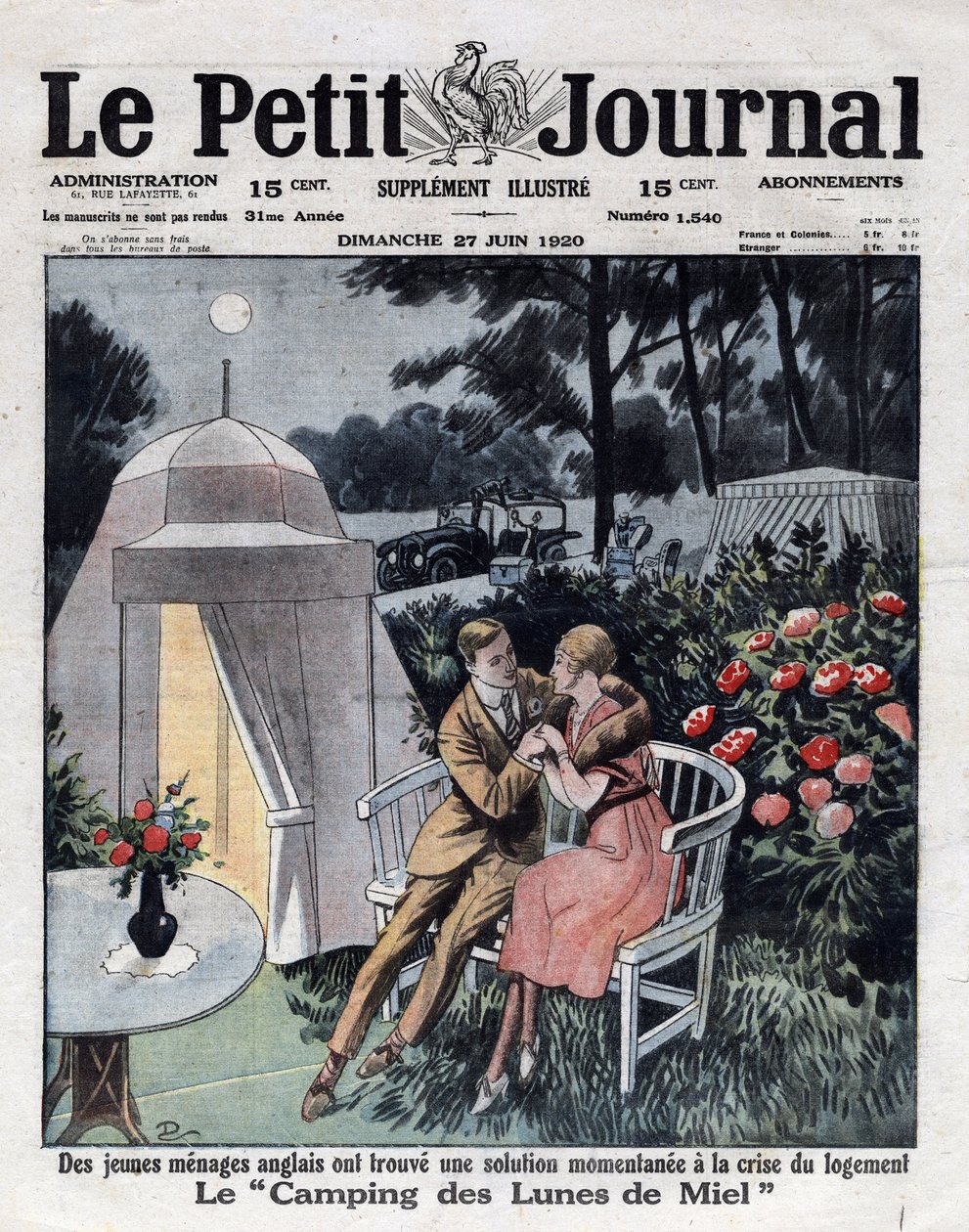 Gazdaság és infláció Angliában: házaspár egy nászutas kempingben London közelében, hogy reagáljanak a lakhatási válságra. Az 1920. 06. 27-i „” Le petit Journal”” címlapja. Magángyűjtemény alkotó: Anonymous Anonymous