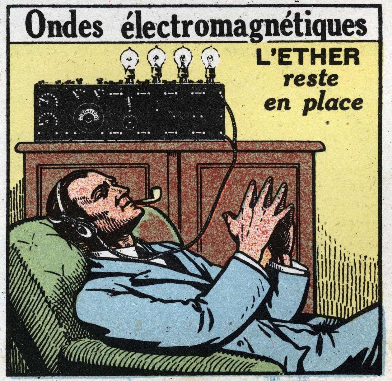 Elektromos jelenségek: ha az éter a helyén marad, a vibrációs mozgás adja a T.S.F.-ben használt elektromágneses hullámokat. 1925 névtelen illusztrációja. Magángyűjtemény. alkotó: Anonymous Anonymous