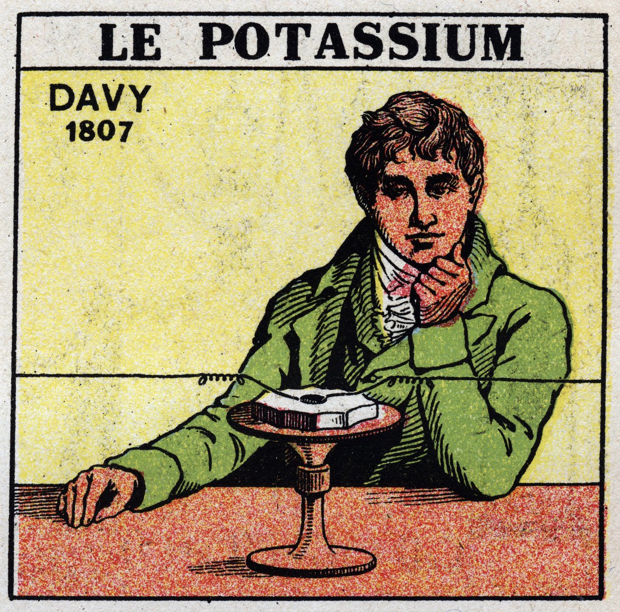 Elektrokémia: a kálium (kálium) és a szóda lebontása, Sir Humphry Davy (1778-1829) 1807-ben. Névtelen illusztráció 1925-ből. Magángyűjtemény. alkotó: Anonymous Anonymous