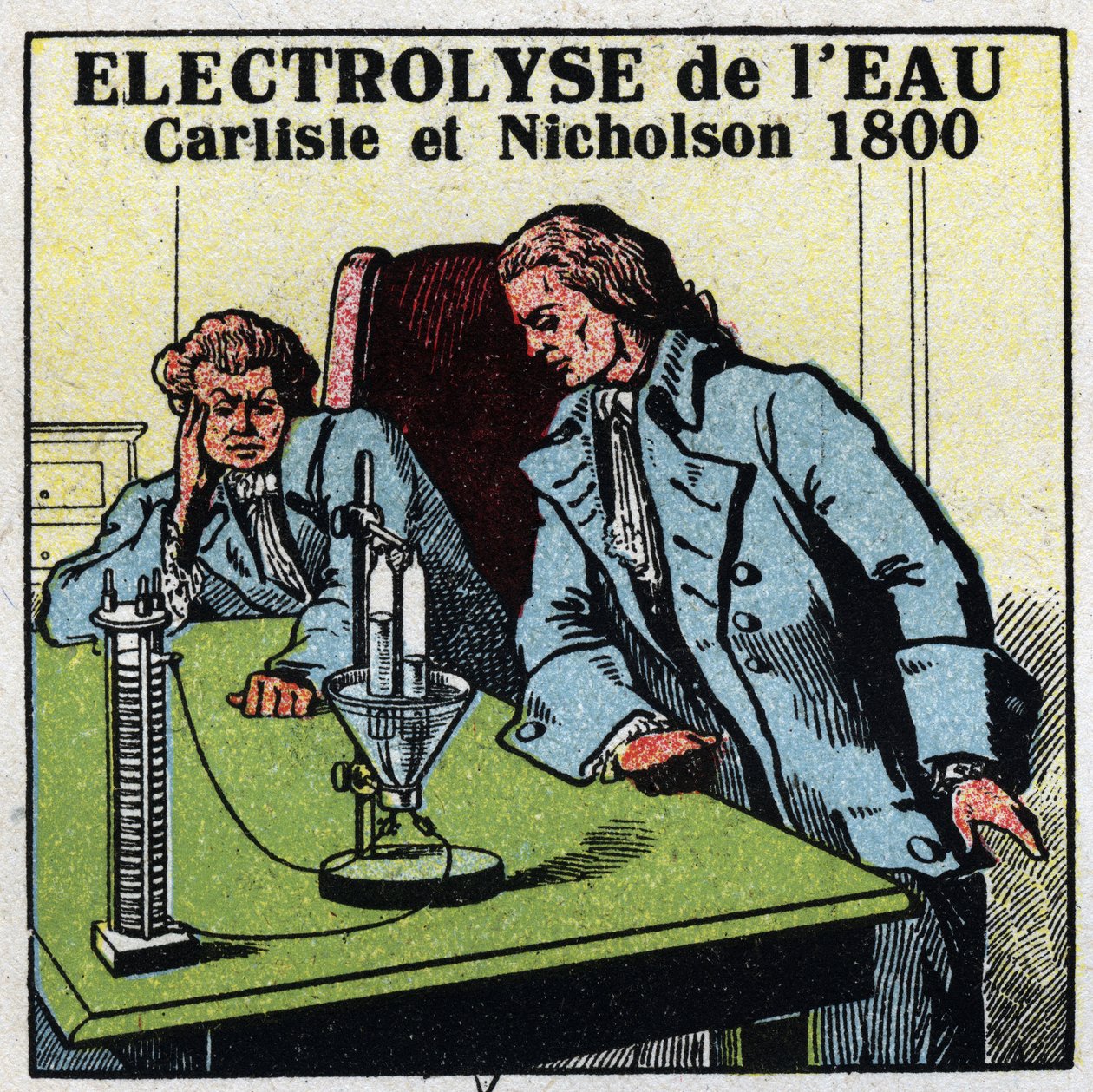 Elektrokémia: víz elektrolízise Anthony Carlisle (1768-1842) és William Nicholson (1753-1815) által Londonban május 2-án alkotó: Anonymous Anonymous