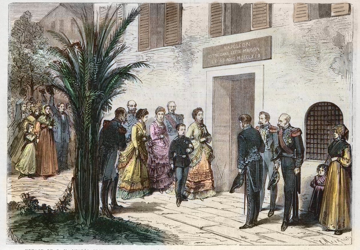 Eugénia császárné és Lajos Napóleon császári herceg meglátogatja azt a házat, ahol I. Napóleon született, Ajaccióban, Korzikán, Franciaországban 1869 - a császári és császári herceg utazása - látogatás I. Napóleon otthonában Ajaccióban - 1869 alkotó: Anonymous Anonymous