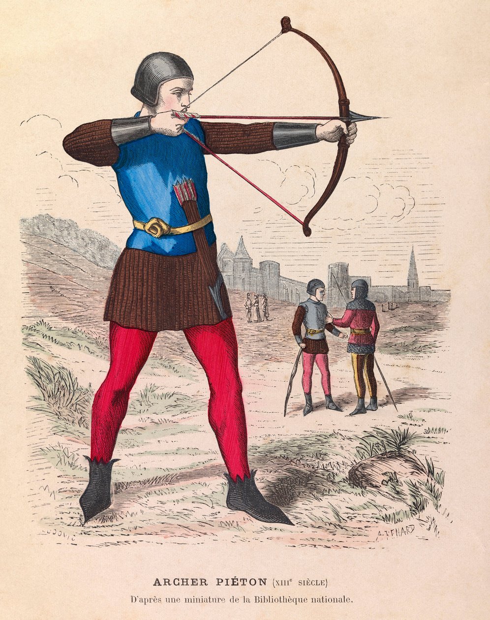 Metszet - Archer pieton du 13eme Siecle a Paris - Gyalogos íjász Párizsban a 13. században - magángyűjtemény alkotó: Anonymous Anonymous