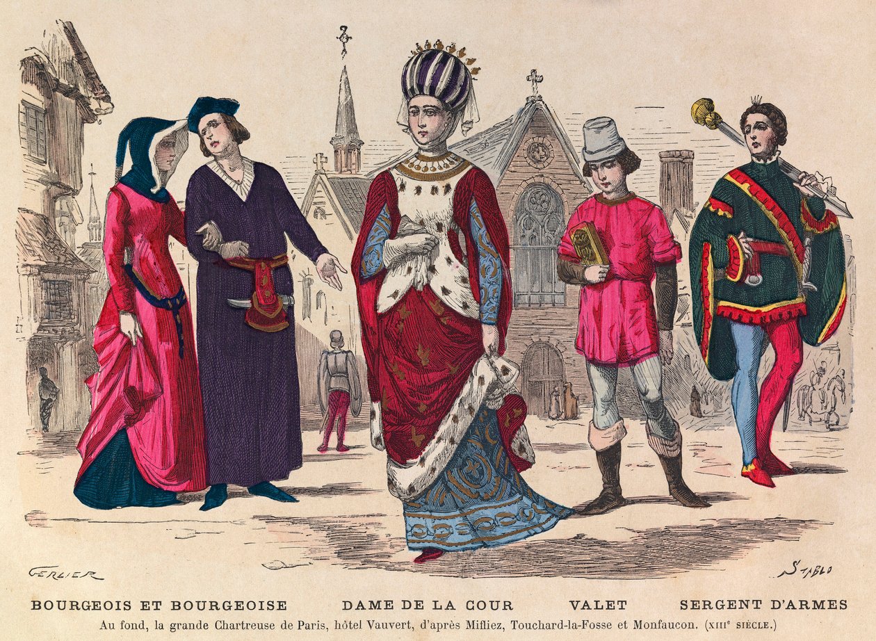 Metszet - Bourgeois et bourgeoise, udvarhölgy, inas, őrmester Párizsban a 13. században (a háttérben la grande Chatreuse de Paris, Vauvert hotel) - Udvari jelmezek Franciaországban a 13. században - magángyűjtemény alkotó: Anonymous Anonymous