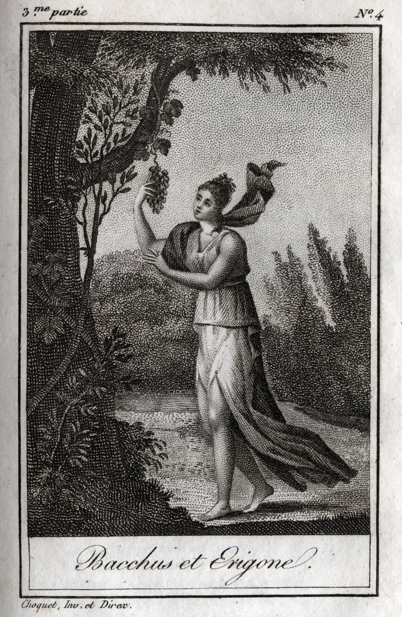 Erigo és Bacchus, 1819-es metszete Charles Albert Demoustier (1760-1801) „Lettres a Emilie sur la mythologie” című művében. Magángyűjtemény. alkotó: Anonymous Anonymous